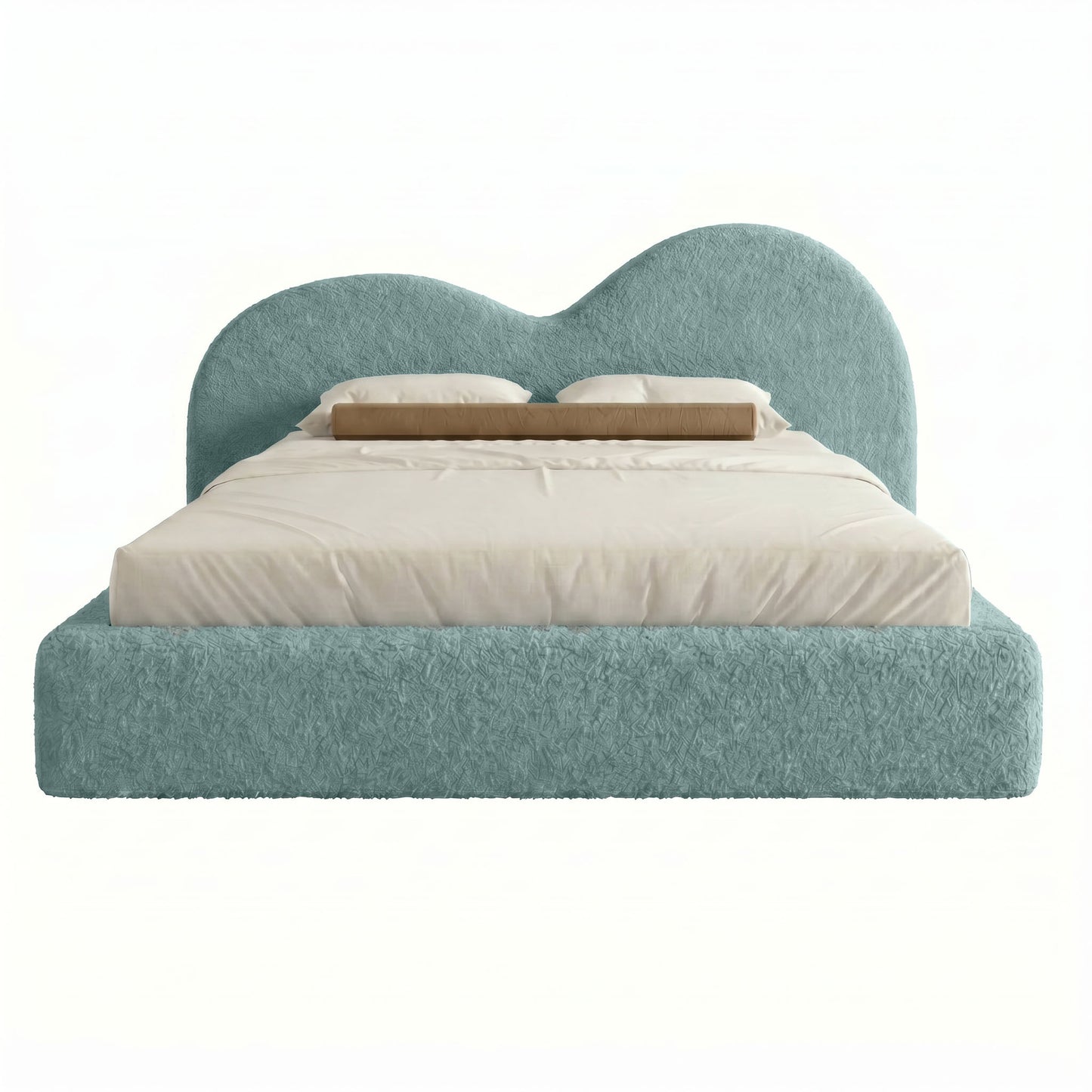 Custom upholstered bed frame with unique curved headboard