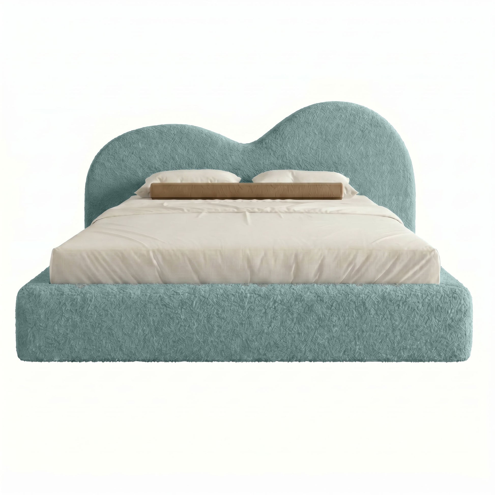Custom upholstered bed frame with unique curved headboard