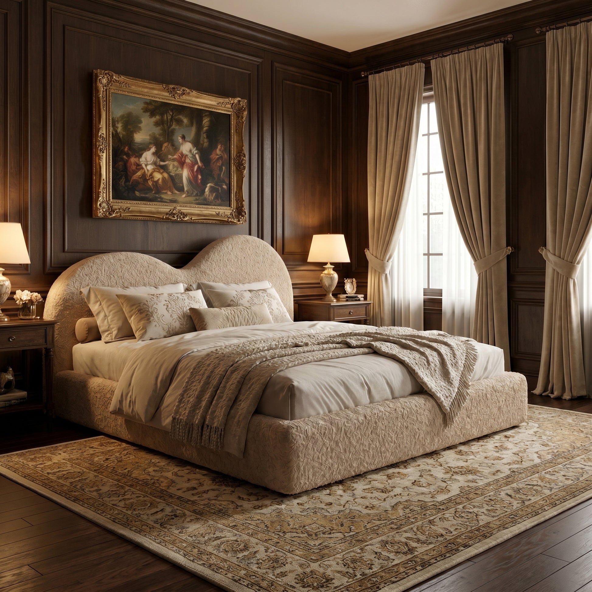 Handmade curved headboard upholstered bed UK plush texture